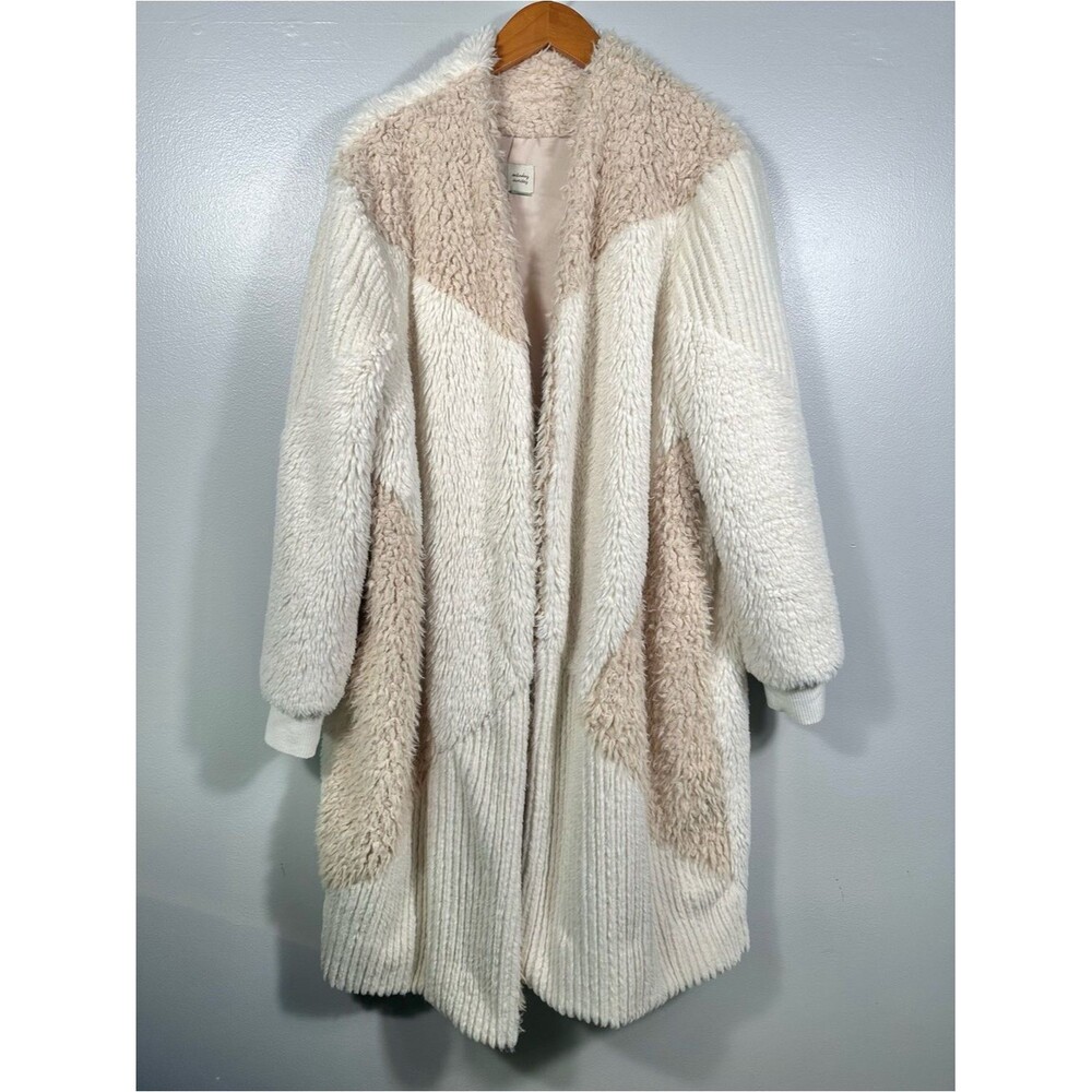 Saturday Sunday Anthropologie Cozy Two-Tone Cream Beige Faux-Sherpa Fluffy Coat